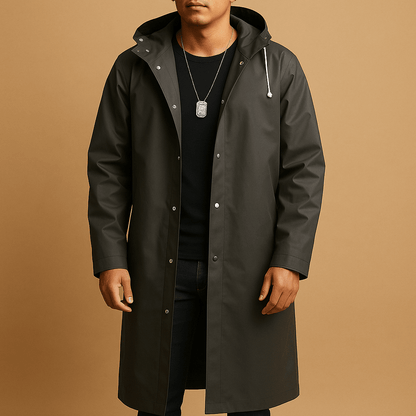 Trevor | Men's Long Hooded Button-Up Raincoat