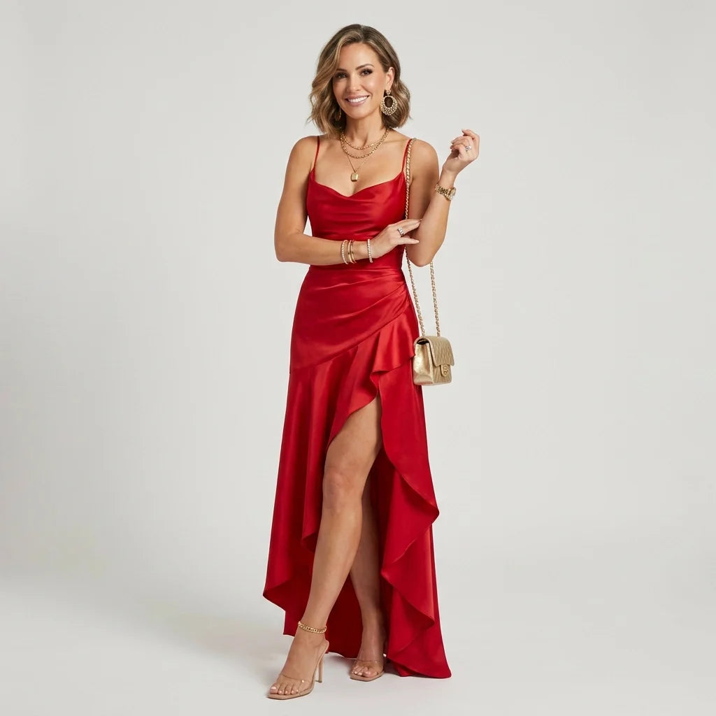Violet | Women's Satin Asymmetric Ruffle Gown