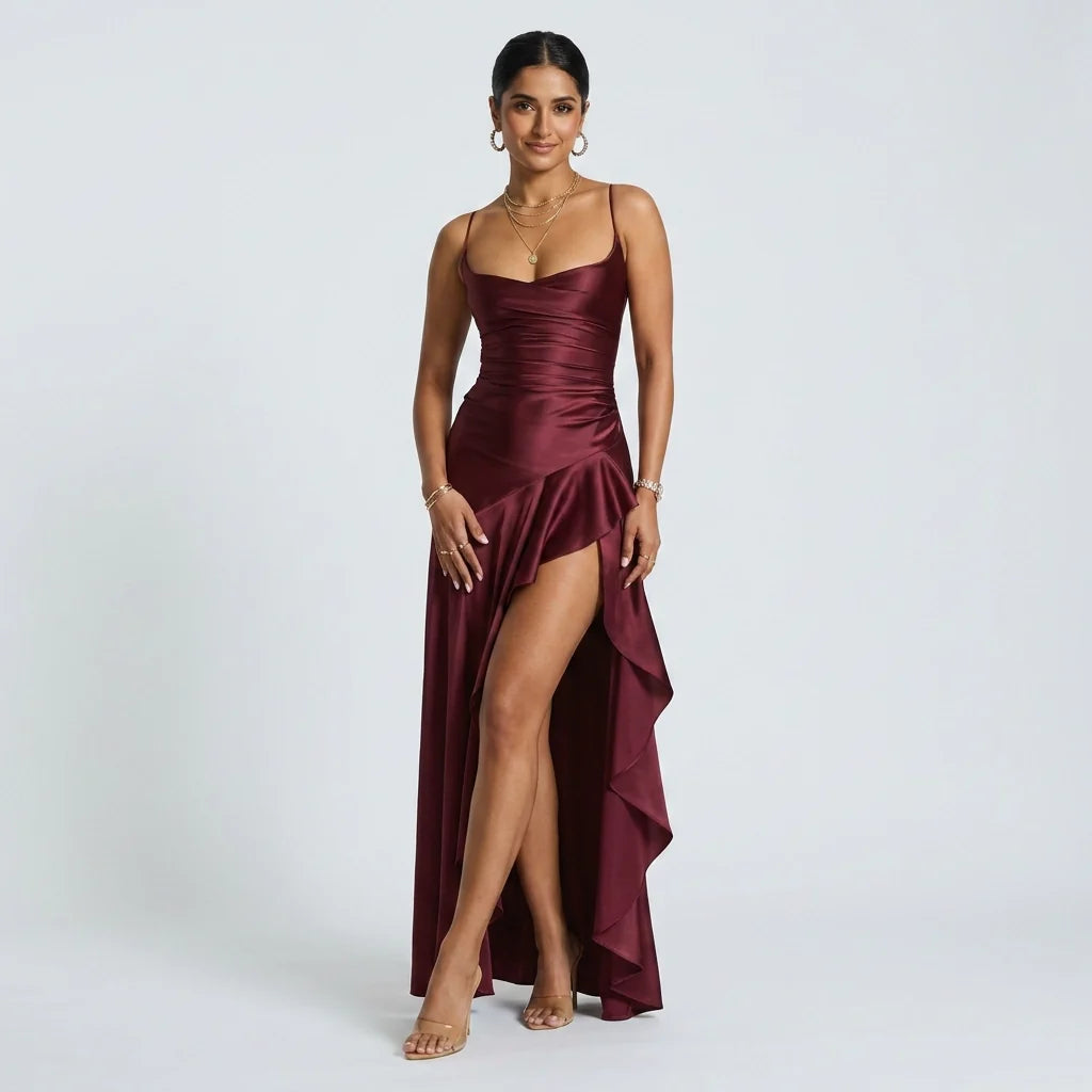 Violet | Women's Satin Asymmetric Ruffle Gown