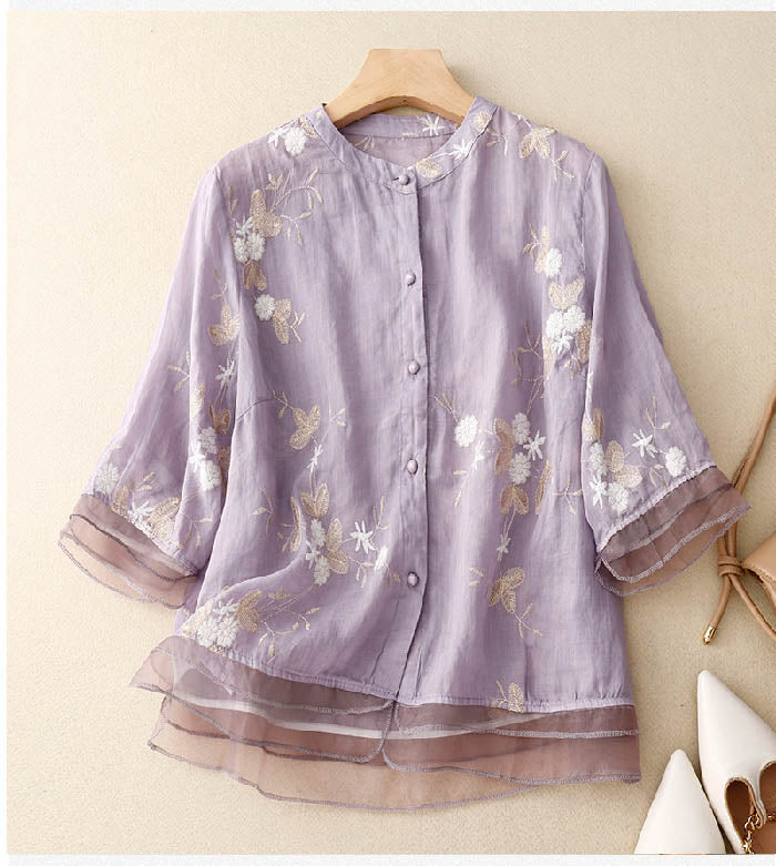 Ivy | Women's Layered Sheer Floral Embroidered Three Quarter Sleeve Blouse