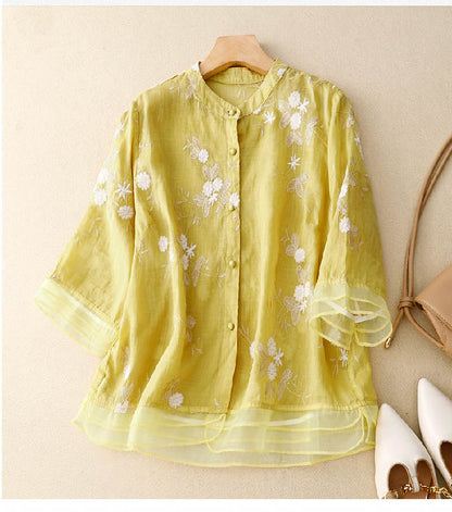 Ivy | Women's Layered Sheer Floral Embroidered Three Quarter Sleeve Blouse