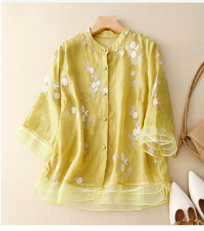 Ivy | Women's Layered Sheer Floral Embroidered Three Quarter Sleeve Blouse