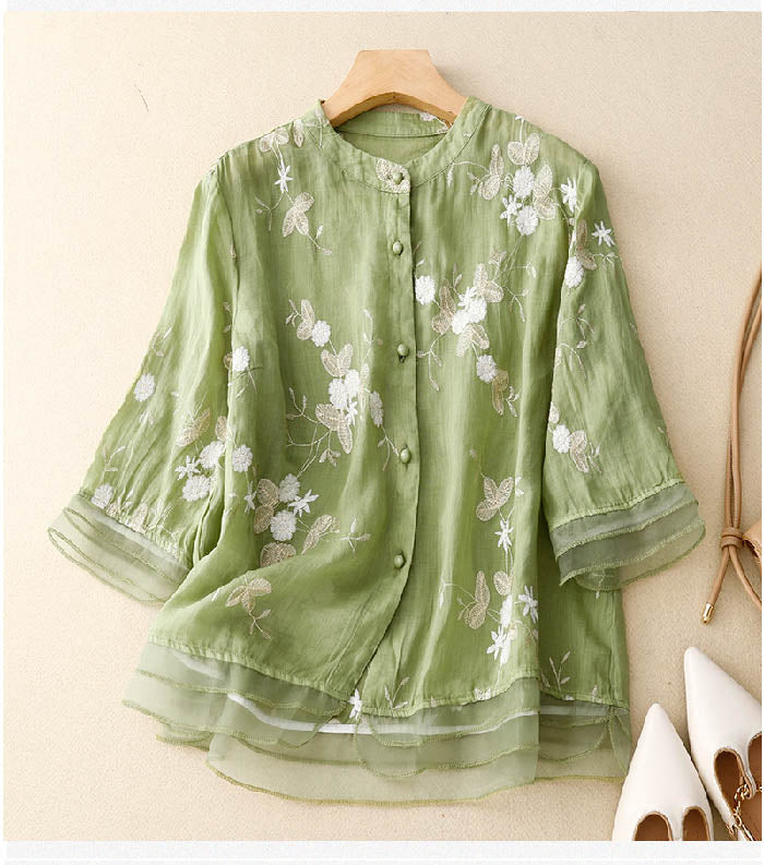 Ivy | Women's Layered Sheer Floral Embroidered Three Quarter Sleeve Blouse